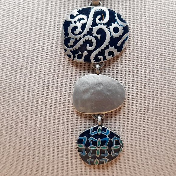 Chico's Blue Enamel Pendant Necklace, Leather Cords, 20 Inch - Picture 4 of 10